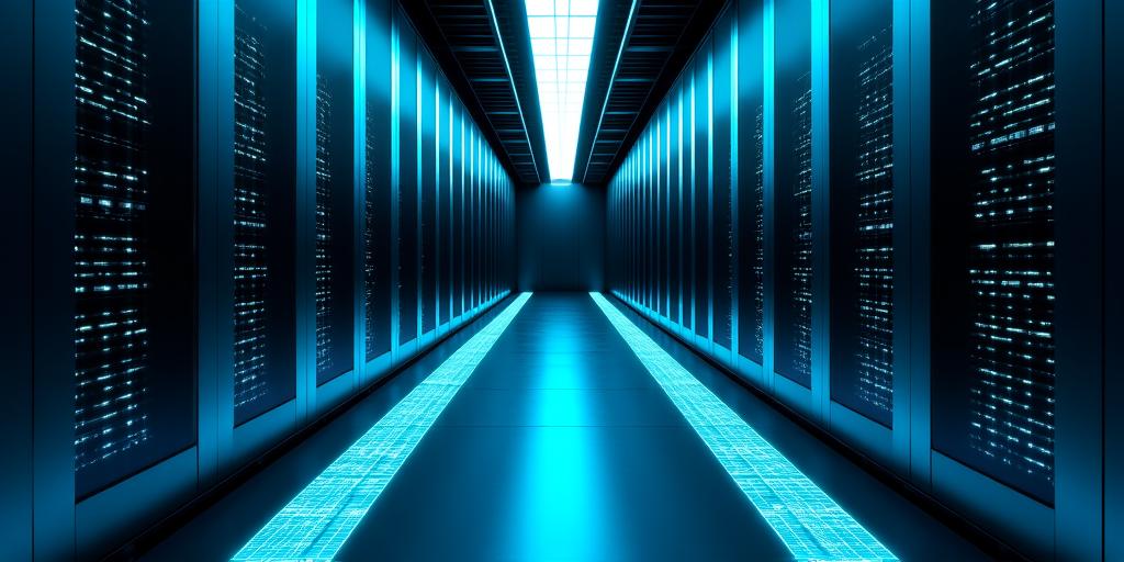 Modern data center with glowing cyan energy paths