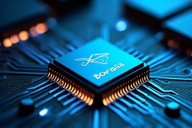 Compact circuit board with glowing AI processor